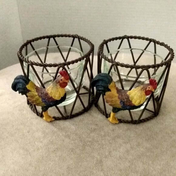 VINTAGE METAL WIRE ROOSTER CANDLE HOLDERS RUSTIC FARMHOUSE DECOR GLASS CUPS - Picture 1 of 10